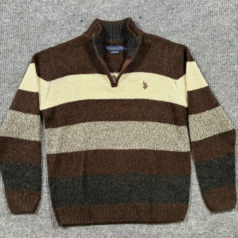 U.S. Polo Assn Mens Sweater M Brown Beige Quarter Zip Striped Knit Preppy Casual